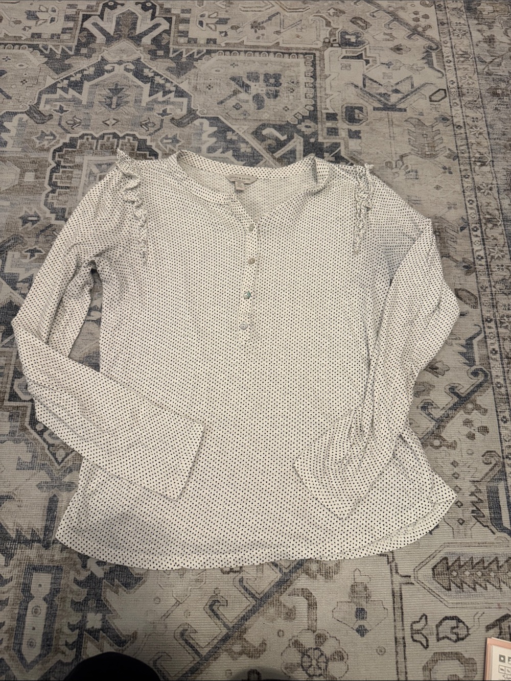 Lucky Brand S/P Ivory Black Polka Dot Ruffle Shoulder Henley Top